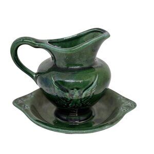 VTG Hull Pottery F91 Eagle Pitcher & Underplate Set‎ Green Turquoise Glaze 6"